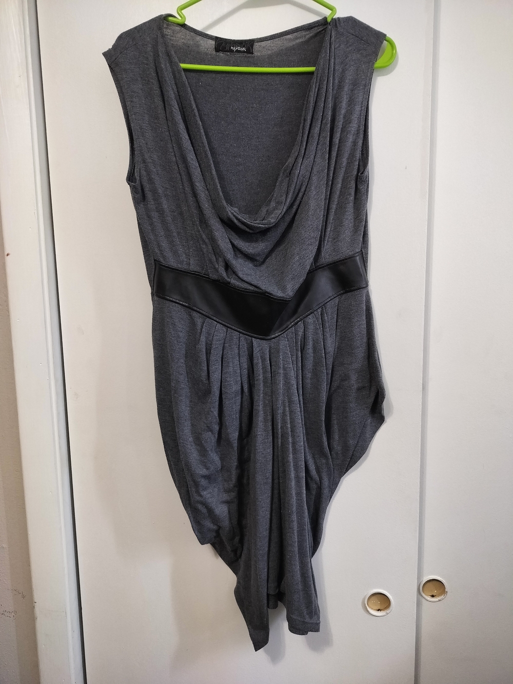 Sleeveless Draped Maxi Dress with Faux-Leather Waist in Gray